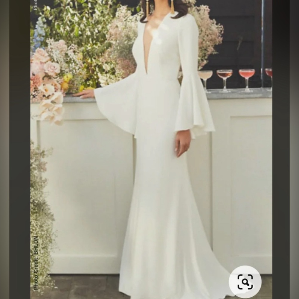 Watters Caine 70s Bridal Gown BHLDN Anthropologie Bell Sleeve Plunge Mesh Neck